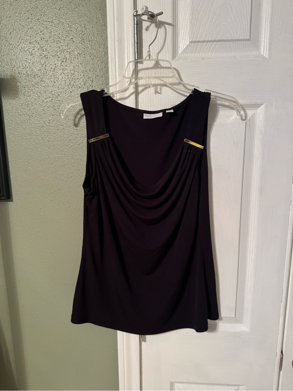 New York & Company Black Drape Neck Tank with Gold Trim